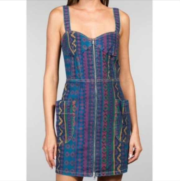 Marc By Marc Jacobs Dresses & Skirts - Marc By Marc Jacobs Overall Aztec Colorful Printed Denim Zip Up Mini Dress Sz 8